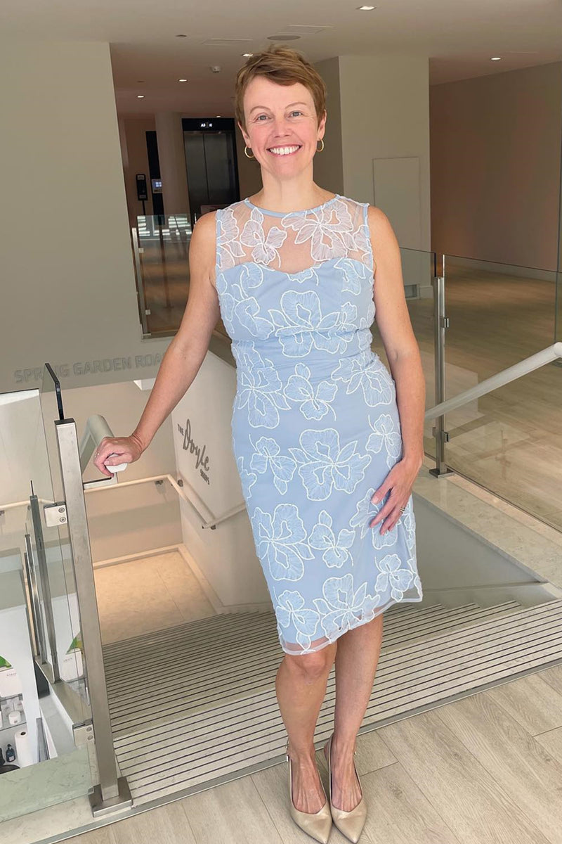 Light Blue Illusion Neck Appliques Sheath Tea-Length Mother of Bride Dress