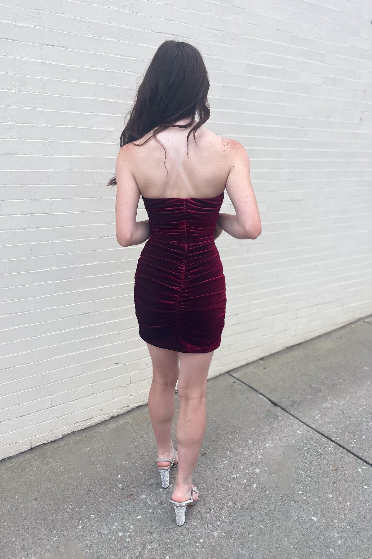 Burgundy Strapless Velvet Sheath Homecoming Dress