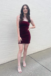 Burgundy Strapless Velvet Sheath Homecoming Dress