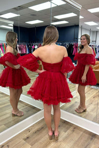 Red Tulle Puff Sleeves Ruffles Tulle Homecoming Dress