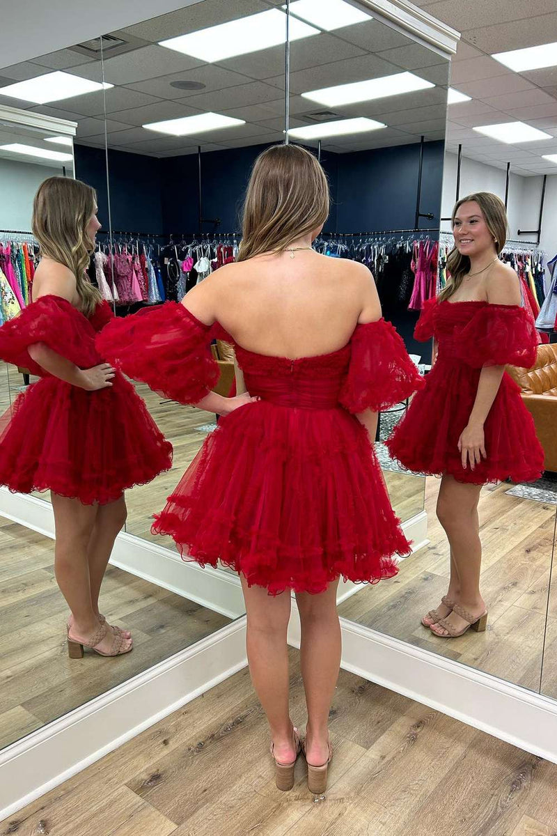 Red Tulle Puff Sleeves Ruffles Tulle Homecoming Dress