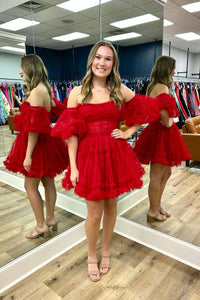 Red Tulle Puff Sleeves Ruffles Tulle Homecoming Dress