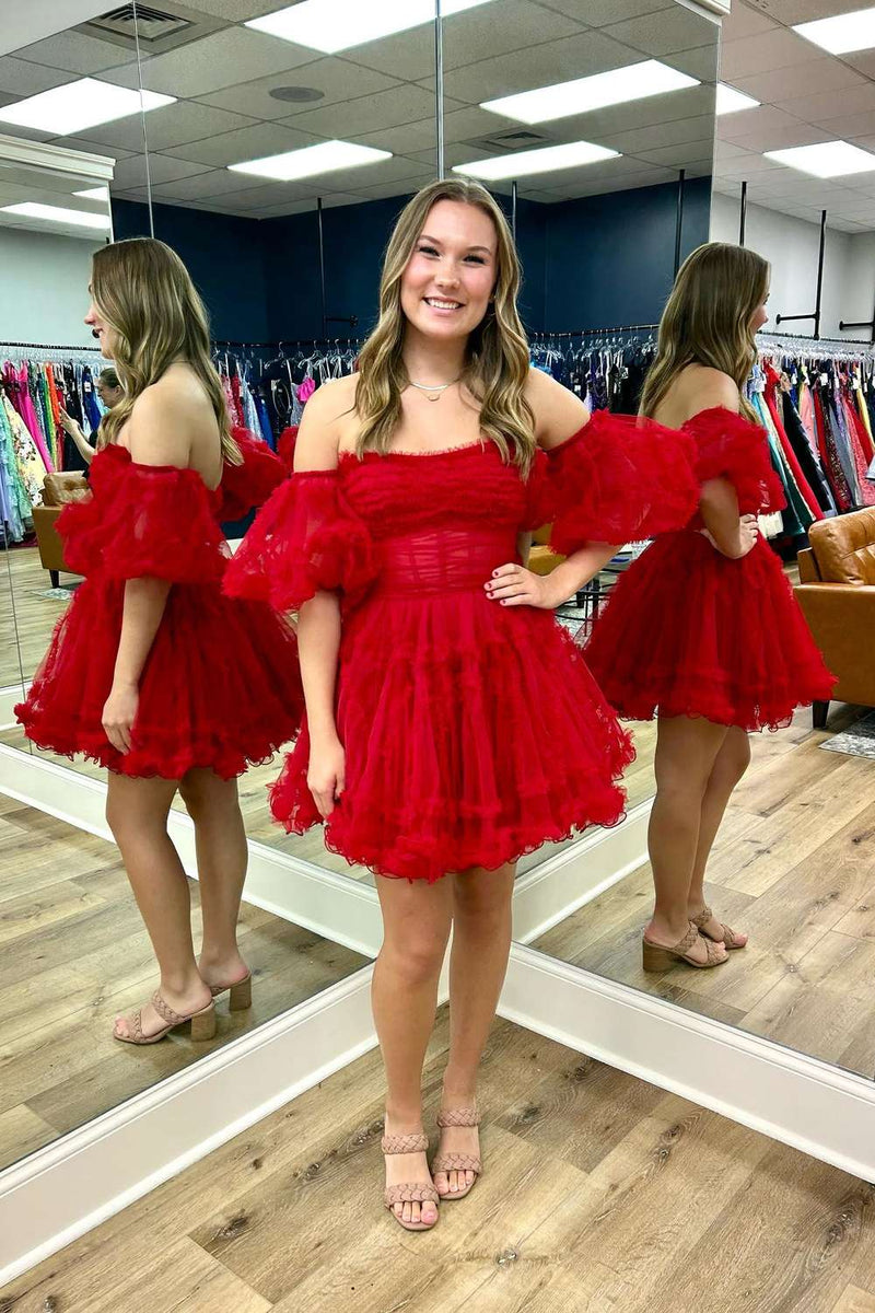 Red Tulle Puff Sleeves Ruffles Tulle Homecoming Dress