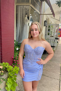 Blue Jay Strapless Appliques Sheath Homecoming Dress