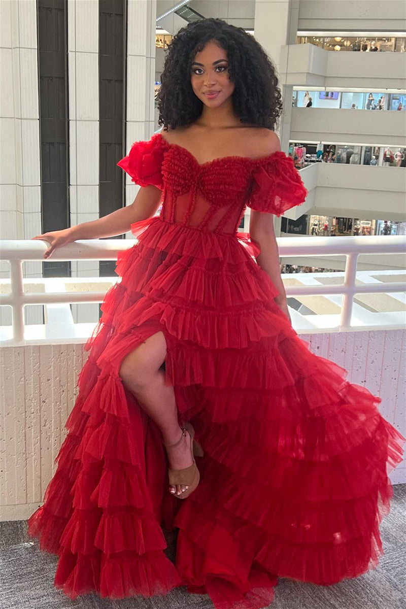Red Off-the-Shoulder A-line Multi-Layers Long Prom Dress with Slit