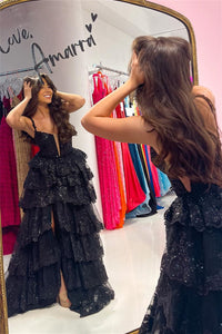 Black A-line Straps Multi-Layers Sequined Long Prom Dress with Slit