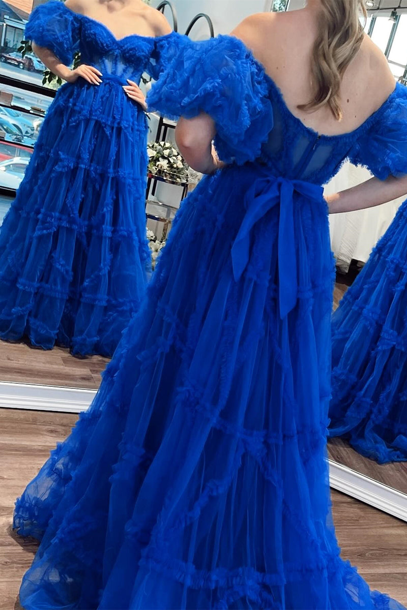 Princess Pink Off-the-Shoulder A-Line Prom Dress with Ruffles