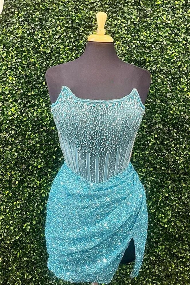 Pink Strapless Sequins Sheath Beaded Homecoming Dress