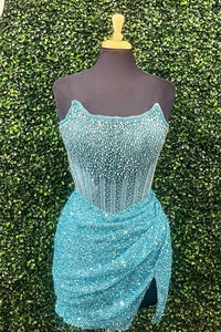 Pink Strapless Sequins Sheath Beaded Homecoming Dress