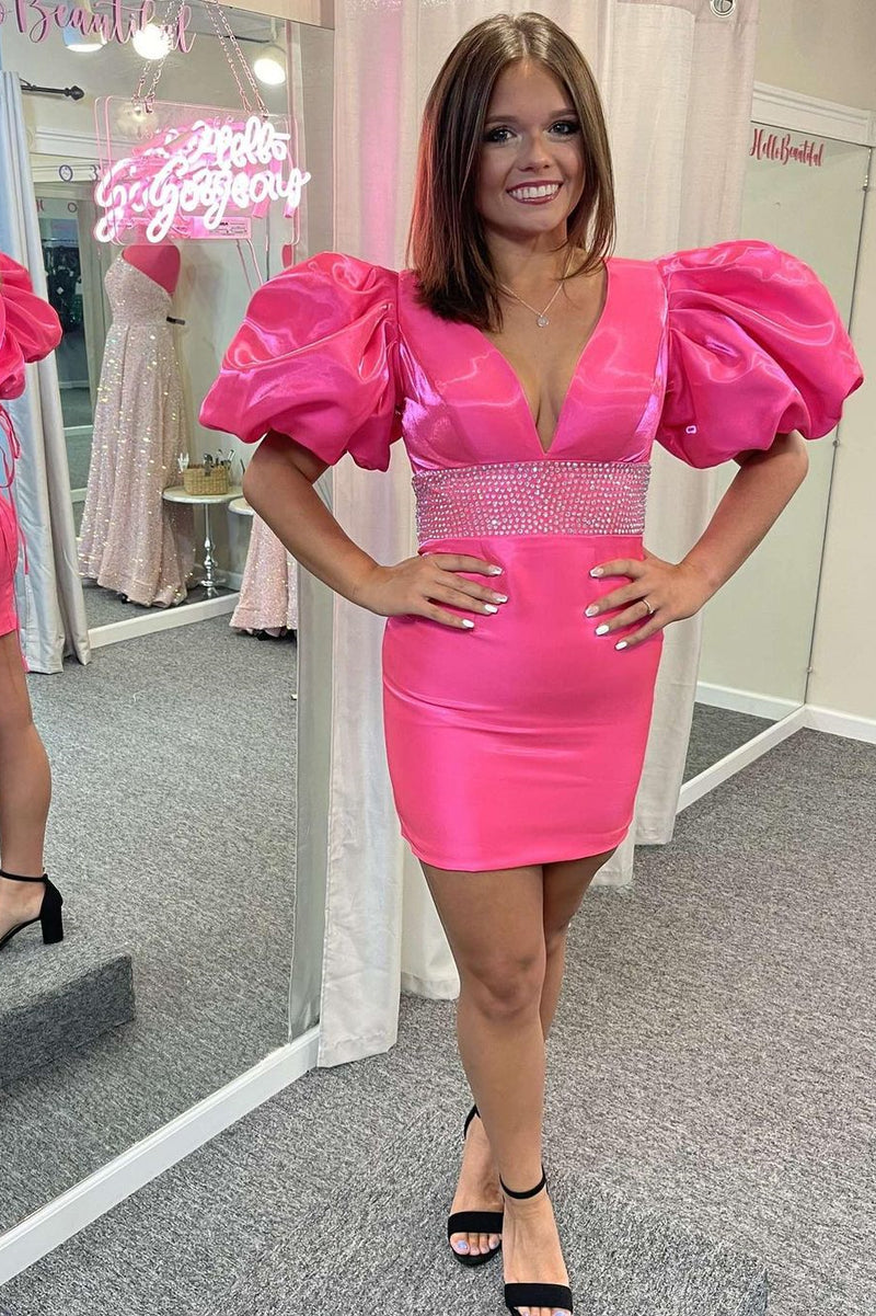 Puff Sleeve Beaded Waist Bodycon Short Party Dress