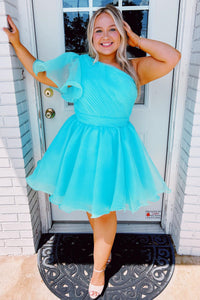 Lavender One Shoulder Ruffled A-line Tulle Homecoming Dress