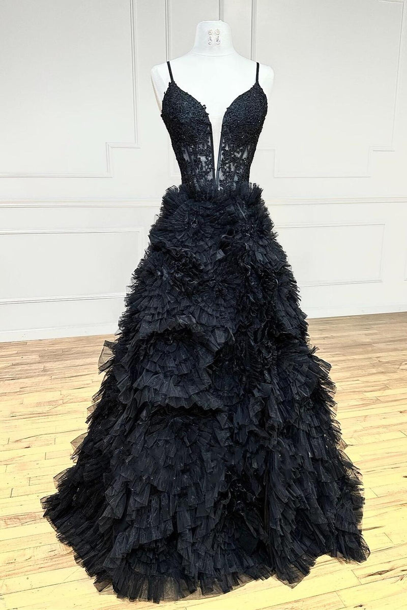 Pink Plunging V Ruffles Floral Long Prom Dress with Slit