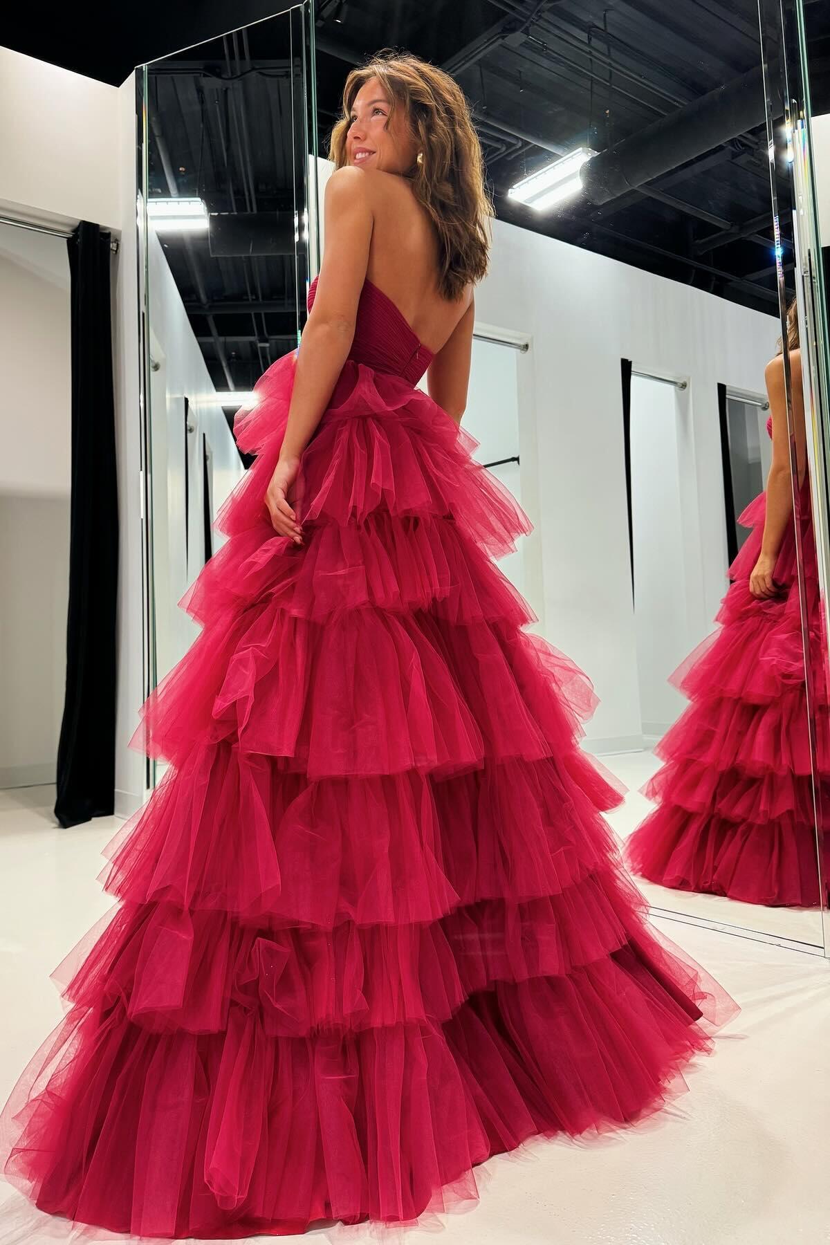 Fuchsia Strapless Ruffle Layers Pleated Long Prom Dress