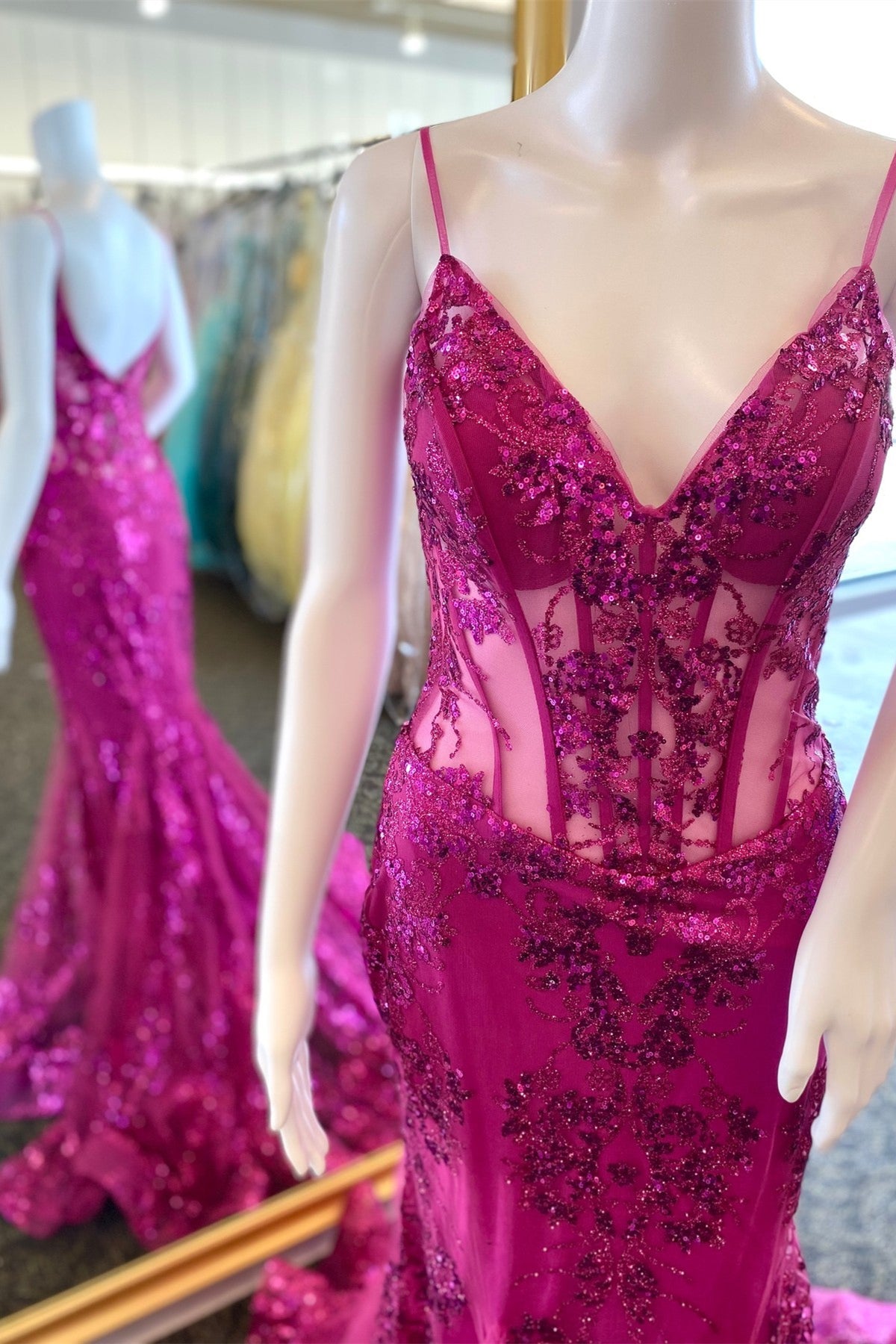 Fuchsia Mermaid Sequined Embroidery Tulle Long Prom Dress