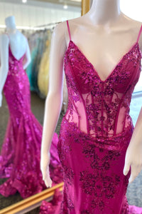 Fuchsia Mermaid Sequined Embroidery Tulle Long Prom Dress