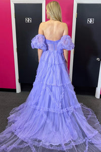 Fuchsia Strapless Tulle A-line Ruffles Long Prom Dress