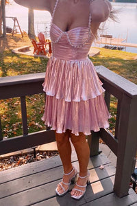 Straps Pink Pleated A-line Short Ruffle Dress