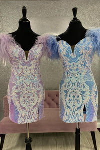 Pink & Blue Deep Off-the-Shoulder Sequins-Embroidered Sheath Homecoming Dress