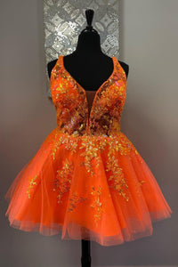 Blue Jay Plunging V Neck Appliques A-line Homecoming Dress