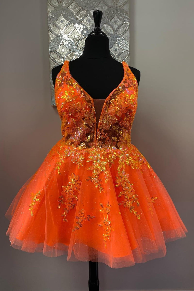 Blue Jay Plunging V Neck Appliques A-line Homecoming Dress