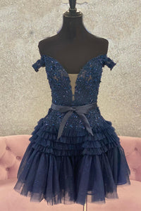 Pink Plunging Off-the-Shoulder Appliques Multi-Layers Homecoming Dress