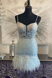 Pink Sequined Appliques Sheath Straps Homecoming Dress with Feathers