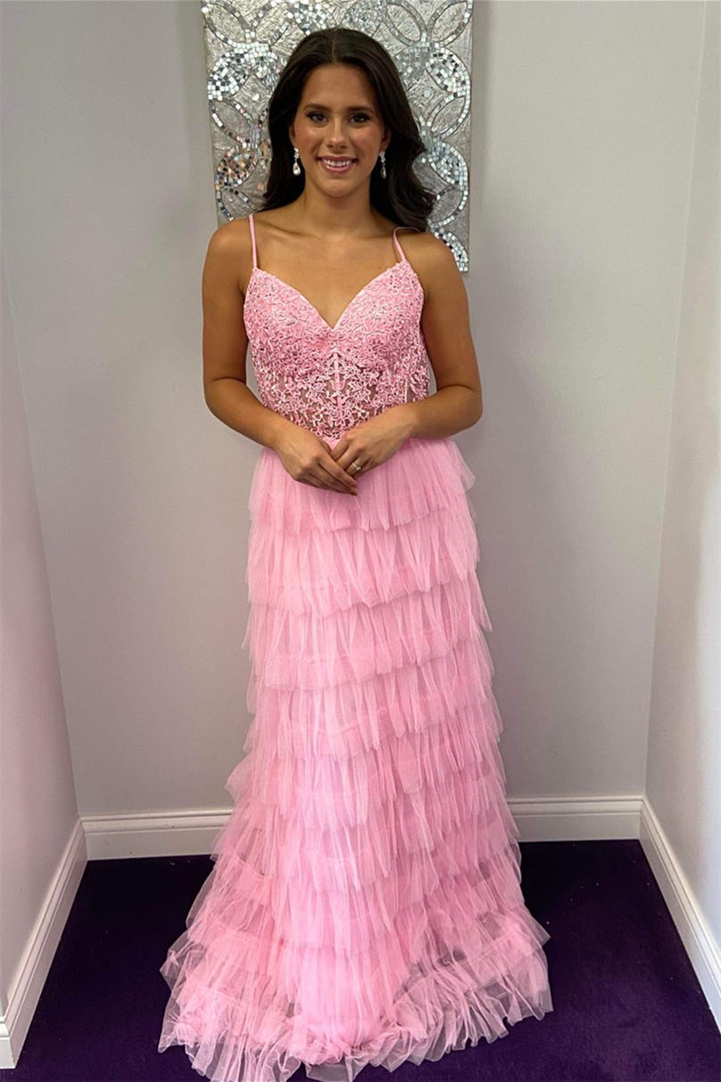 Black Keyhole Layers Floral Straps Long Prom Dress