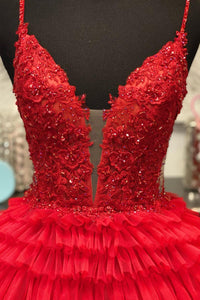 Lilac Floral Layers Spaghetti Straps Long Prom Dress