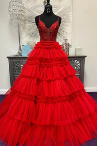 Lilac Floral Layers Spaghetti Straps Long Prom Dress