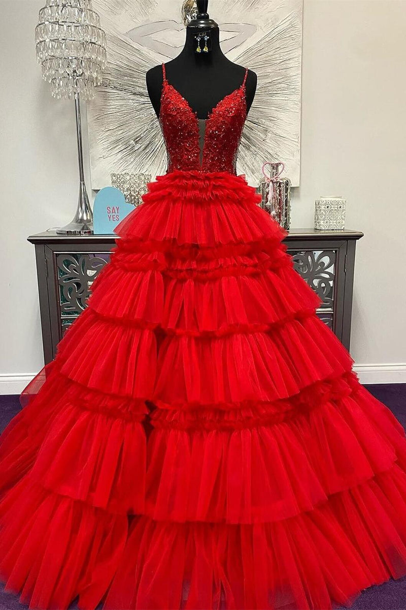 Lilac Floral Layers Spaghetti Straps Long Prom Dress