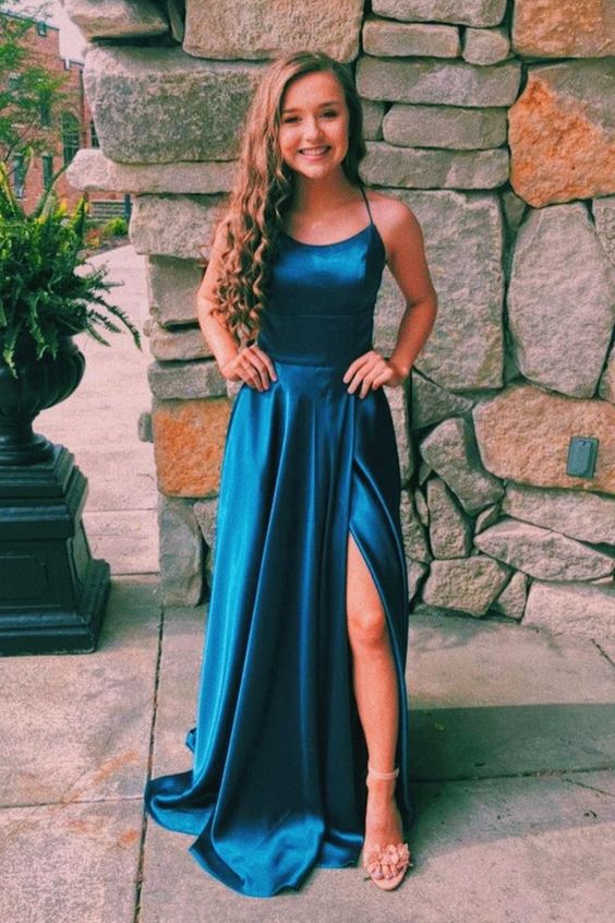 Teal Blue Silk Satin Scoop Neck Long Prom Dress with Slit