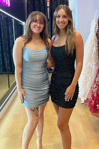 Black Beaded Straps Bodycon Short Homecoming Dress