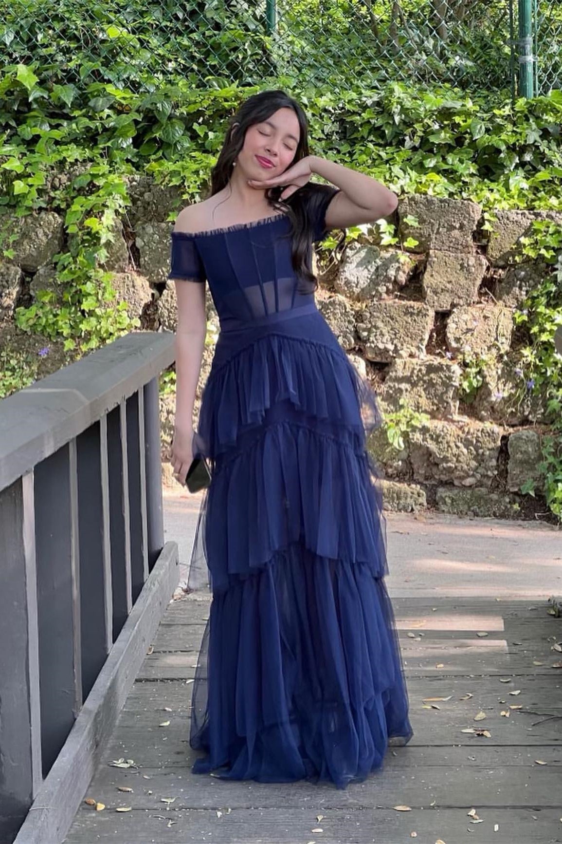 Black Off-the-Shoulder Ruffle Multi-Layers Long Prom Dress