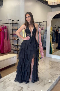 Halter Red Lace Appliques Chiffon Ruffle Prom Dress