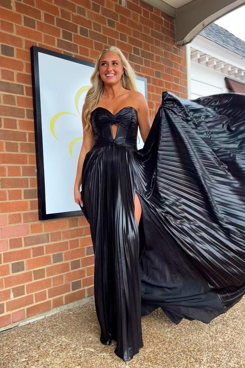 Strapless Blue Metallic Pleated Keyhole Long Dress