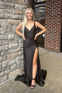 Purple Mermaid Satin V Neck Long Prom Dress with Slit