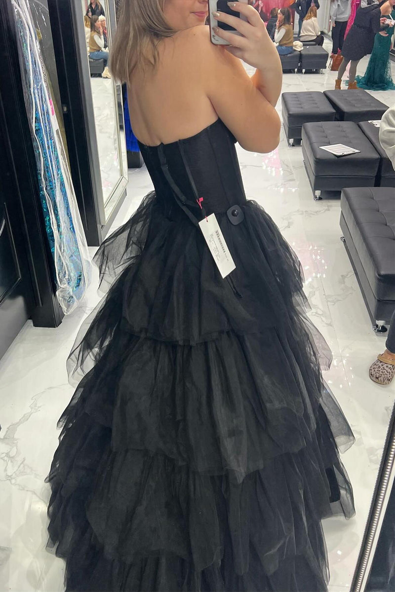 Hot Pink Strapless Layers Tulle A-line Long Prom Dress