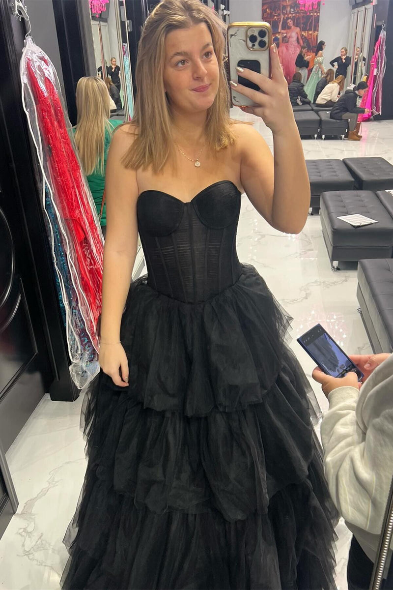 Hot Pink Strapless Layers Tulle A-line Long Prom Dress