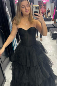 Hot Pink Strapless Layers Tulle A-line Long Prom Dress