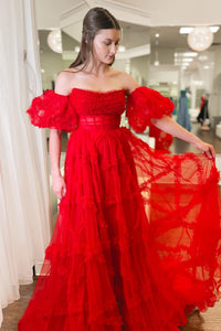 Fuchsia Strapless Tulle A-line Ruffles Long Prom Dress