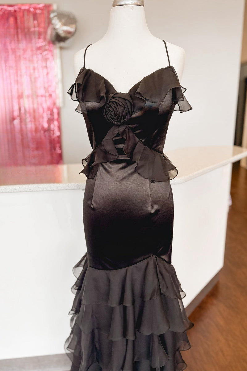 Straps Yellow Ruffled Long Dress with Rosette