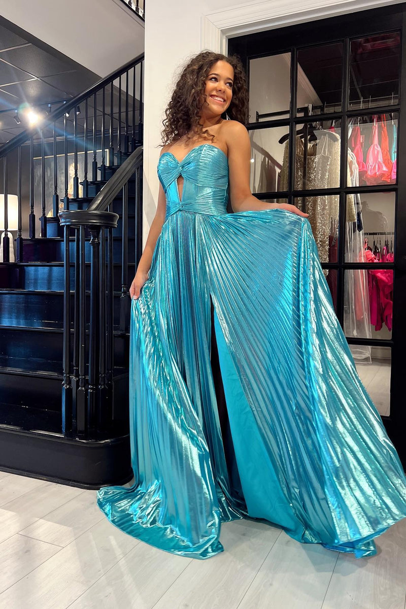 Strapless Blue Metallic Pleated Keyhole Long Dress