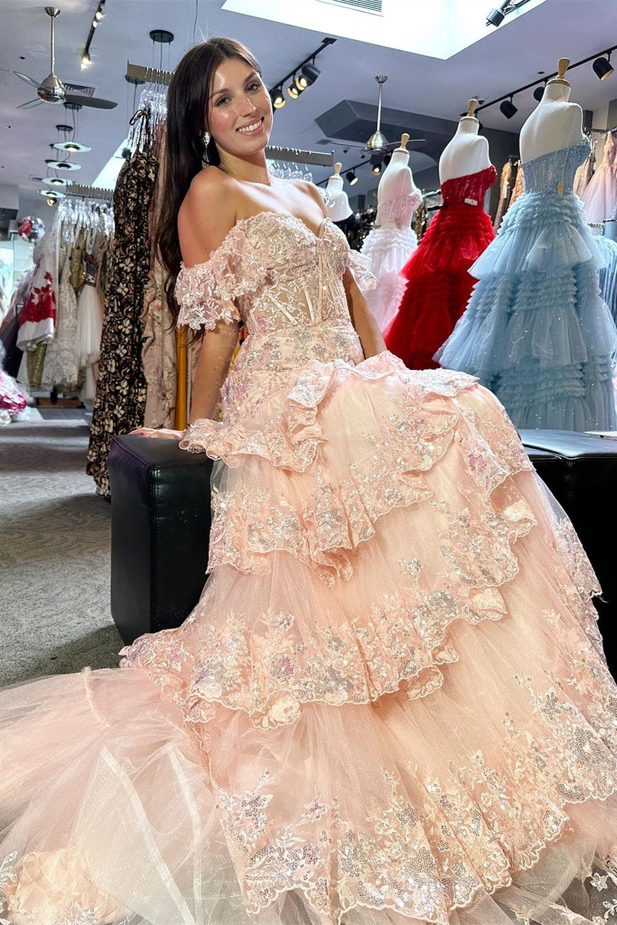 Red Off-the-Shoulder Sequined Appliques Multi-Layers Long Prom Dress with Slit