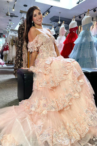 Red Off-the-Shoulder Sequined Appliques Multi-Layers Long Prom Dress with Slit