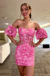 Pink Off-the-Shoulder Puff Sleeves Sheath Sequined Appliques Homecoming Dress