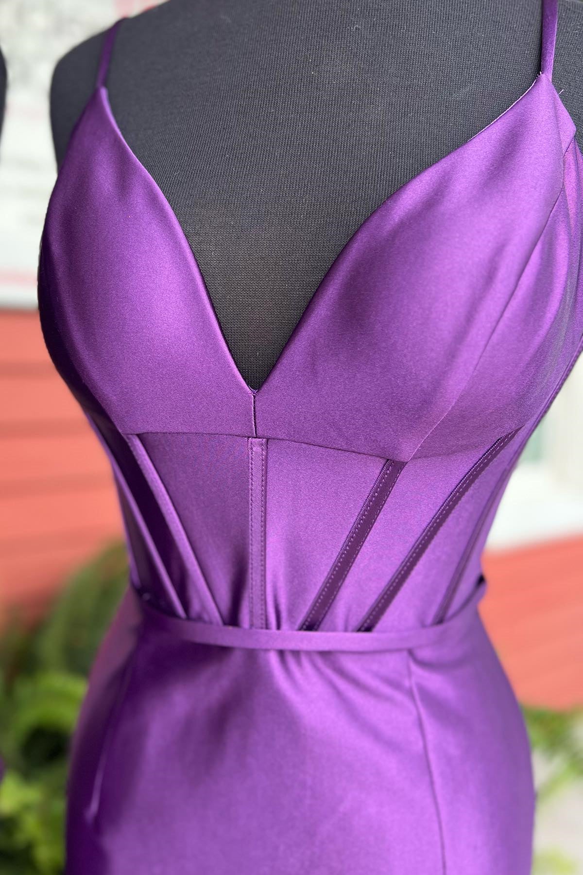 Fuchsia Plunging V Neck Satin Sheath Homecoming Dress