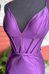 Fuchsia Plunging V Neck Satin Sheath Homecoming Dress