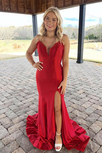 Fuchsia Ruffled Plunging V Mermaid Satin Long Prom Dress with Slit