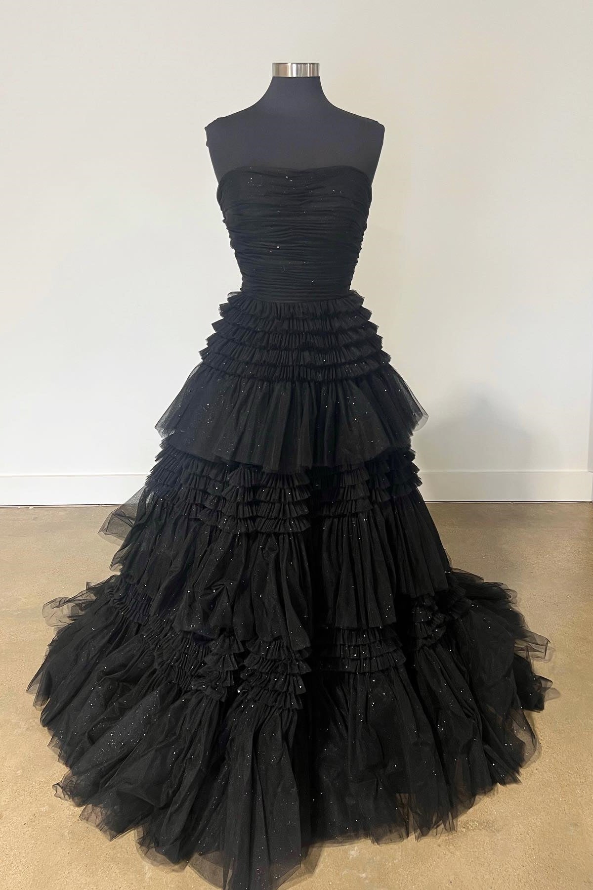 Fuchsia Strapless Ruffle Layers Pleated Long Prom Dress