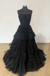 Fuchsia Strapless Ruffle Layers Pleated Long Prom Dress